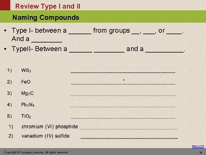 Review Type I and II Naming Compounds • Type I- between a ______ from