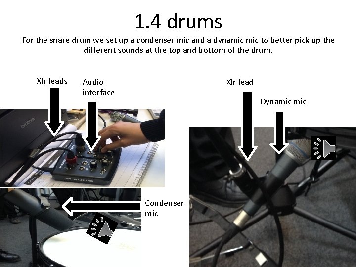 1. 4 drums For the snare drum we set up a condenser mic and