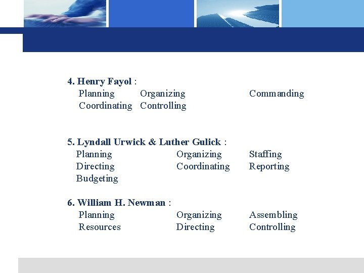 4. Henry Fayol : Planning Organizing Coordinating Controlling Commanding 5. Lyndall Urwick & Luther