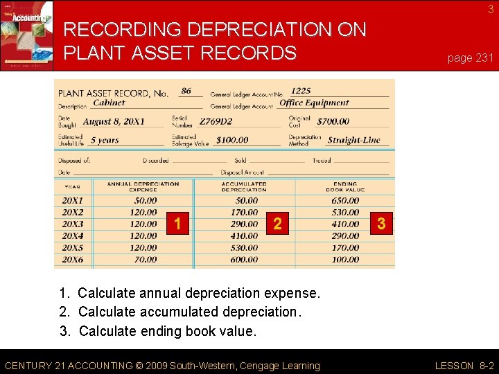 3 RECORDING DEPRECIATION ON PLANT ASSET RECORDS 1 2 page 231 3 1. Calculate