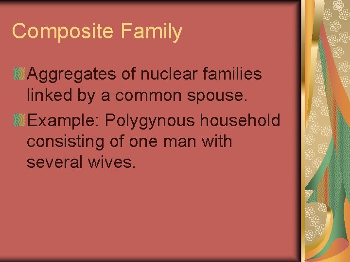 Composite Family Aggregates of nuclear families linked by a common spouse. Example: Polygynous household
