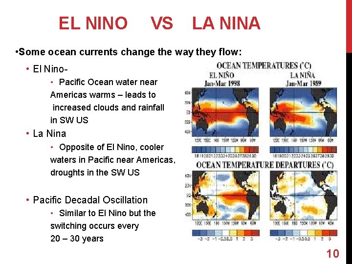 EL NINO VS LA NINA • Some ocean currents change the way they flow: