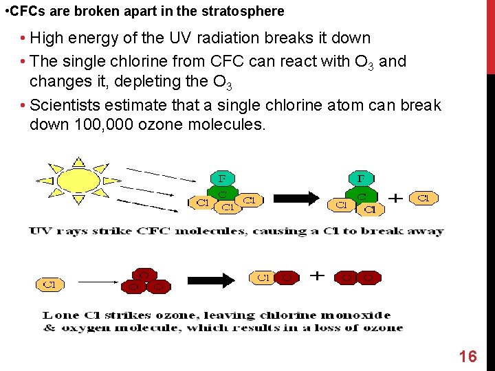  • CFCs are broken apart in the stratosphere • High energy of the