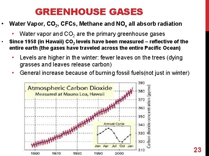 GREENHOUSE GASES • Water Vapor, CO 2, CFCs, Methane and NOx all absorb radiation