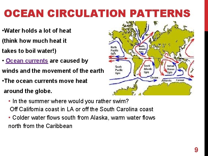 OCEAN CIRCULATION PATTERNS • Water holds a lot of heat (think how much heat