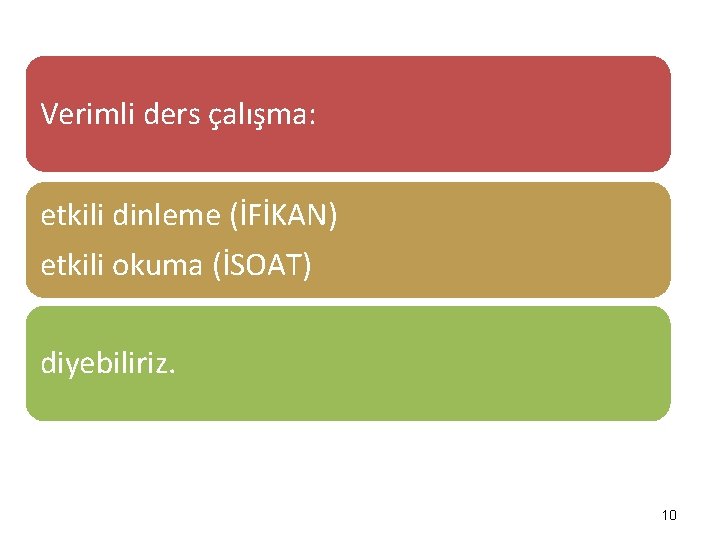 Verimli ders çalışma: etkili dinleme (İFİKAN) etkili okuma (İSOAT) diyebiliriz. 10 