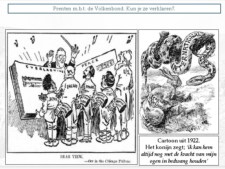 Prenten m. b. t. de Volkenbond. Kun je ze verklaren? . Cartoon uit 1922.