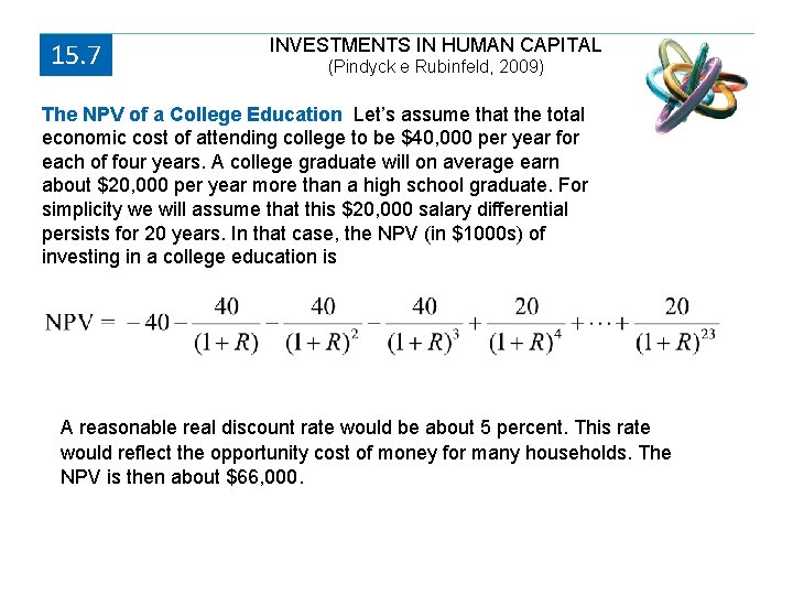 15. 7 INVESTMENTS IN HUMAN CAPITAL (Pindyck e Rubinfeld, 2009) The NPV of a