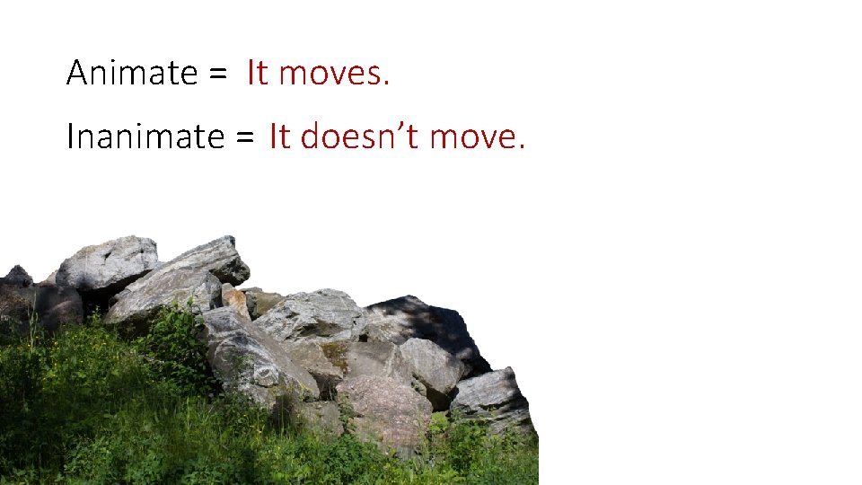 Animate = It moves. Inanimate = It doesn’t move. 