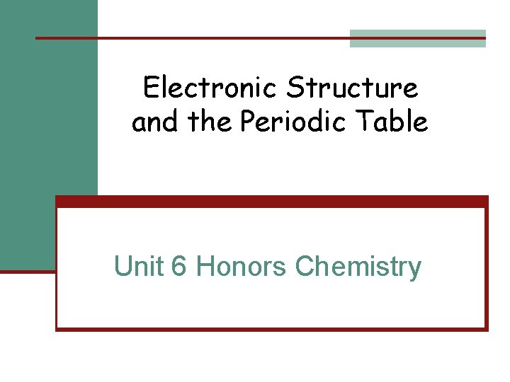 Electronic Structure and the Periodic Table Unit 6 Honors Chemistry 