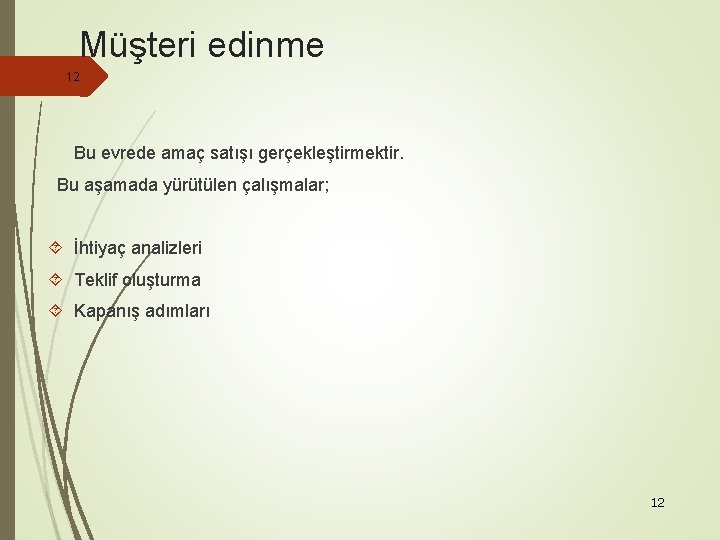 Müşteri edinme 12 Bu evrede amaç satışı gerçekleştirmektir. Bu aşamada yürütülen çalışmalar; İhtiyaç analizleri