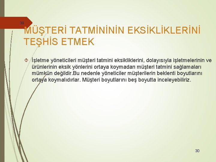 30 MÜŞTERİ TATMİNİNİN EKSİKLİKLERİNİ TEŞHİS ETMEK İşletme yöneticileri müşteri tatmini eksikliklerini, dolayısıyla işletmelerinin ve