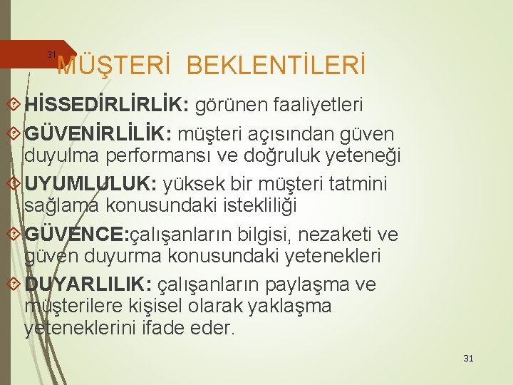 31 MÜŞTERİ BEKLENTİLERİ HİSSEDİRLİRLİK: görünen faaliyetleri GÜVENİRLİLİK: müşteri açısından güven duyulma performansı ve doğruluk