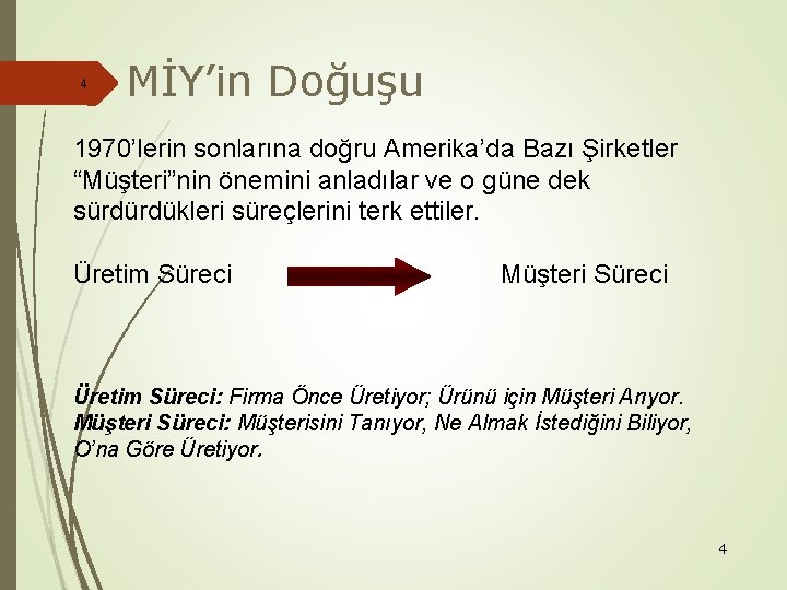 4 MİY’in Doğuşu 1970’lerin sonlarına doğru Amerika’da Bazı Şirketler “Müşteri”nin önemini anladılar ve o