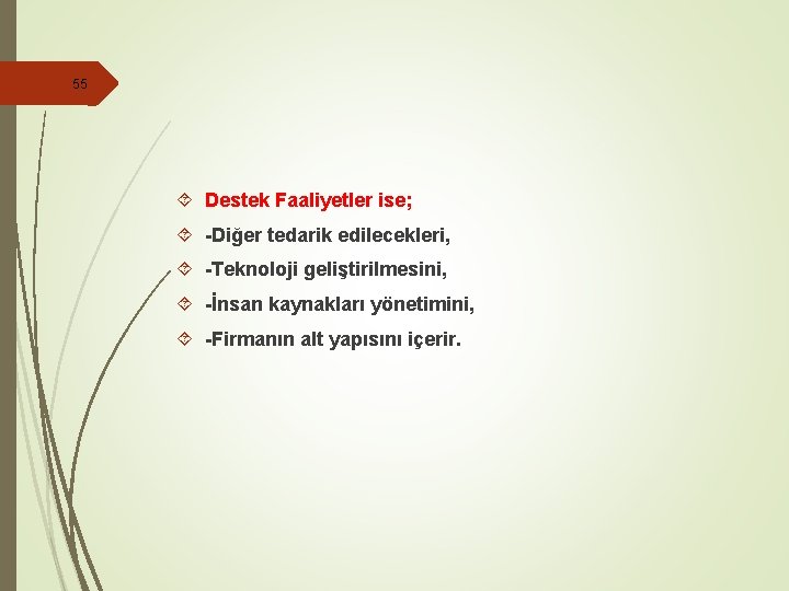 55 Destek Faaliyetler ise; -Diğer tedarik edilecekleri, -Teknoloji geliştirilmesini, -İnsan kaynakları yönetimini, -Firmanın alt