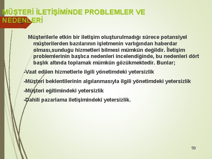 MÜŞTERİ İLETİŞİMİNDE PROBLEMLER VE NEDENLERİ 58 Müşterilerle etkin bir iletişim oluşturulmadığı sürece potansiyel müşterilerden