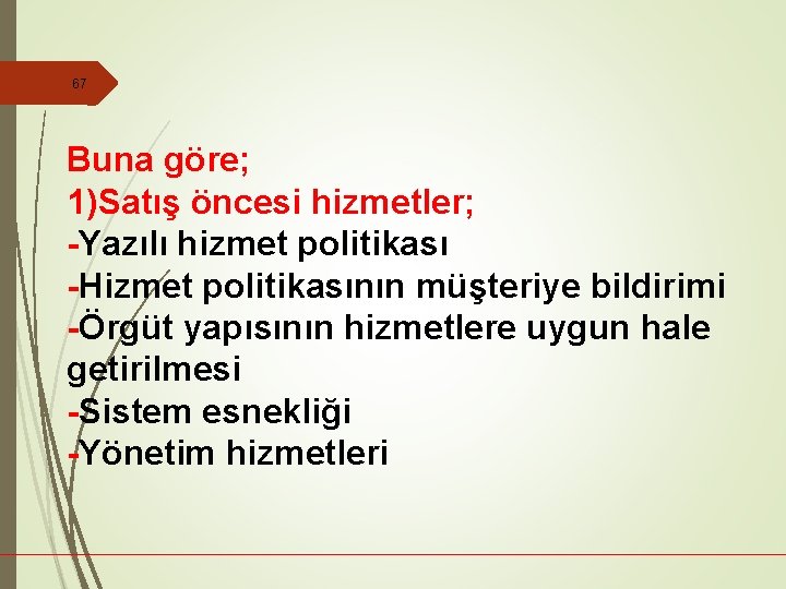 67 Buna göre; 1)Satış öncesi hizmetler; -Yazılı hizmet politikası -Hizmet politikasının müşteriye bildirimi -Örgüt