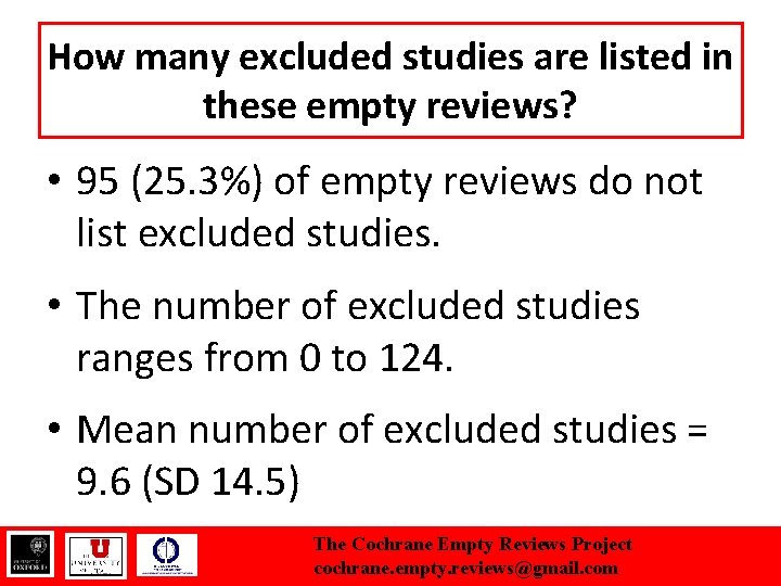 How many excluded studies are listed in these empty reviews? • 95 (25. 3%)