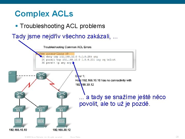 Complex ACLs § Troubleshooting ACL problems Tady jsme nejdřív všechno zakázali, . . .