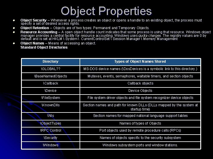 Object Properties l l Object Security – Whenever a process creates an object or