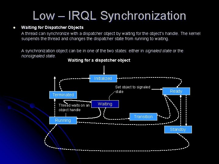 Low – IRQL Synchronization l Waiting for Dispatcher Objects A thread can synchronize with