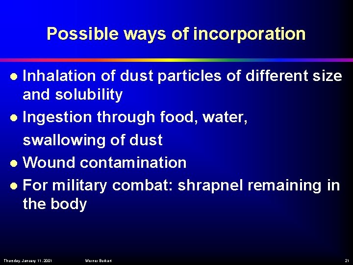 Possible ways of incorporation Inhalation of dust particles of different size and solubility l