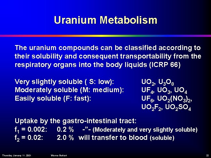 Uranium Metabolism The uranium compounds can be classified according to their solubility and consequent