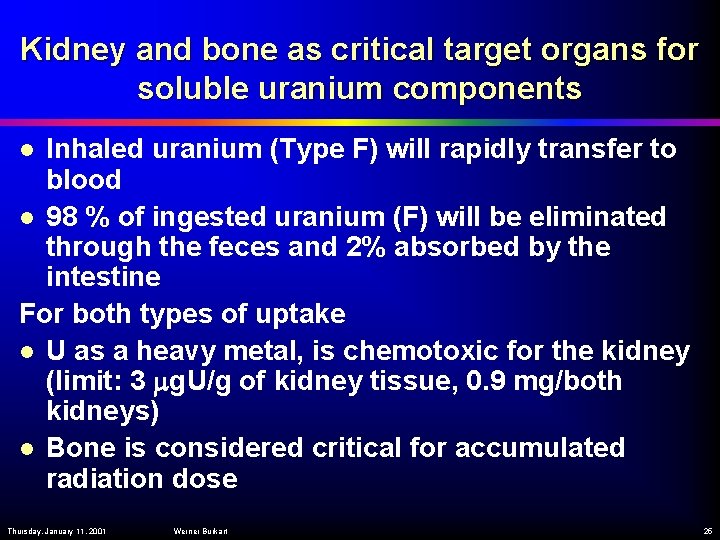 Kidney and bone as critical target organs for soluble uranium components Inhaled uranium (Type