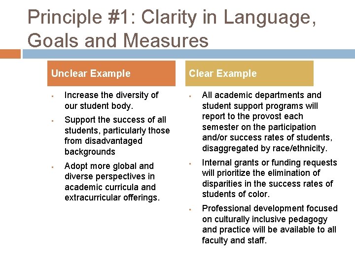 Principle #1: Clarity in Language, Goals and Measures Unclear Example § § § Increase