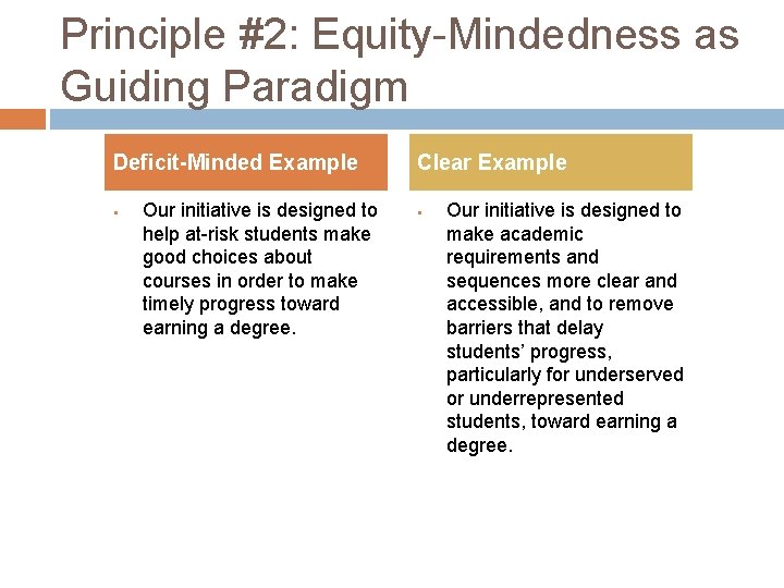 Principle #2: Equity-Mindedness as Guiding Paradigm Deficit-Minded Example § Our initiative is designed to