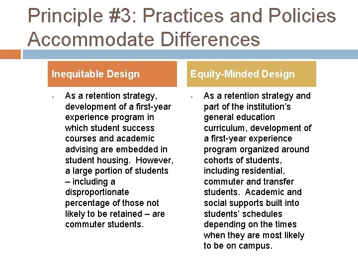Principle #3: Practices and Policies Accommodate Differences Inequitable Design § As a retention strategy,