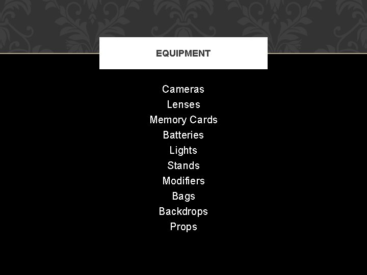 EQUIPMENT Cameras Lenses Memory Cards Batteries Lights Stands Modifiers Bags Backdrops Props 