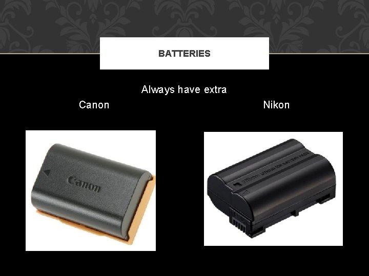 BATTERIES Always have extra Canon Nikon 