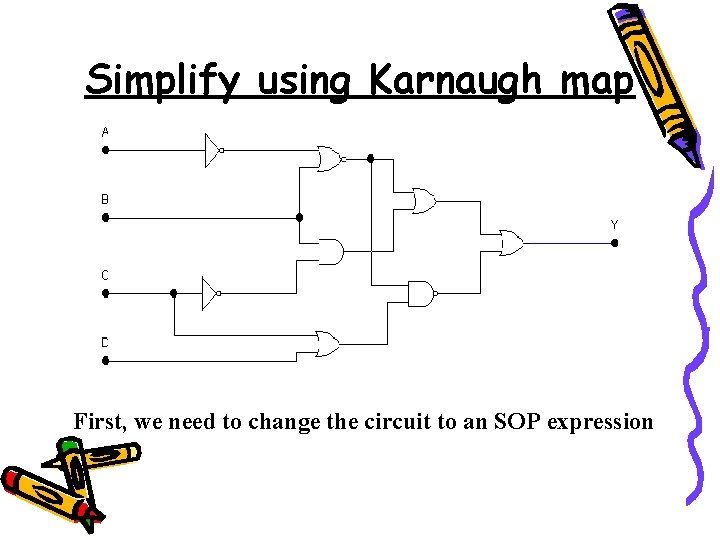 Simplify using Karnaugh map First, we need to change the circuit to an SOP