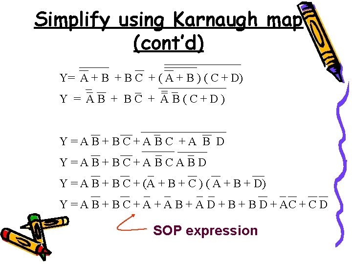 Simplify using Karnaugh map (cont’d) Y= A + B C + ( A +