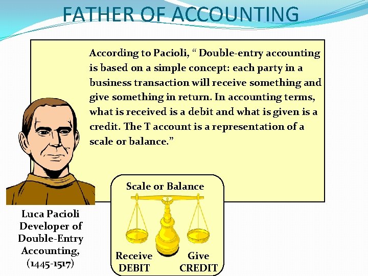 FATHER OF ACCOUNTING According to Pacioli, “ Double-entry accounting is based on a simple FATHER OF ACCOUNTING According to Pacioli, “ Double-entry accounting is based on a simple