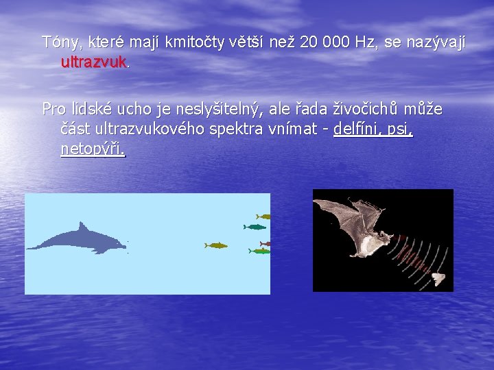 Tóny, které mají kmitočty větší než 20 000 Hz, se nazývají ultrazvuk. Pro lidské