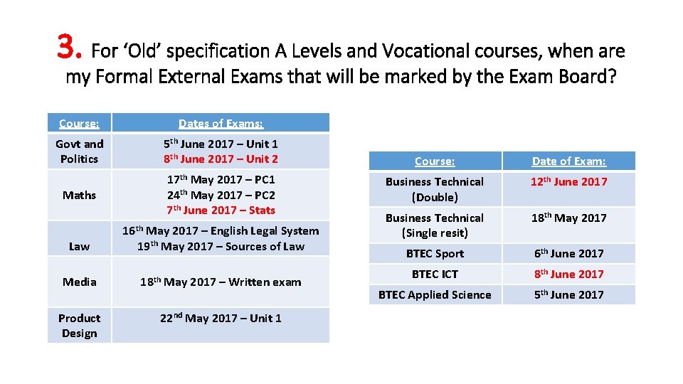 3. For ‘Old’ specification A Levels and Vocational courses, when are my Formal External