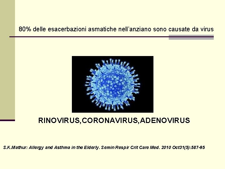 80% delle esacerbazioni asmatiche nell’anziano sono causate da virus RINOVIRUS, CORONAVIRUS, ADENOVIRUS S. K.