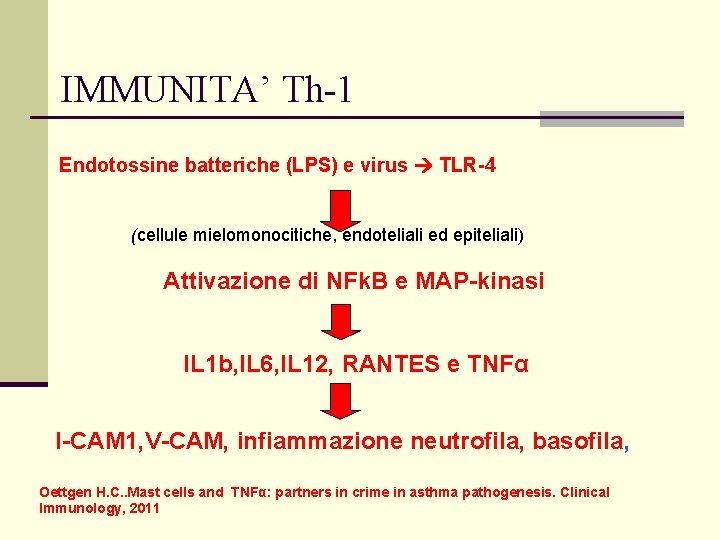 IMMUNITA’ Th-1 Endotossine batteriche (LPS) e virus TLR-4 (cellule mielomonocitiche, endoteliali ed epiteliali) Attivazione