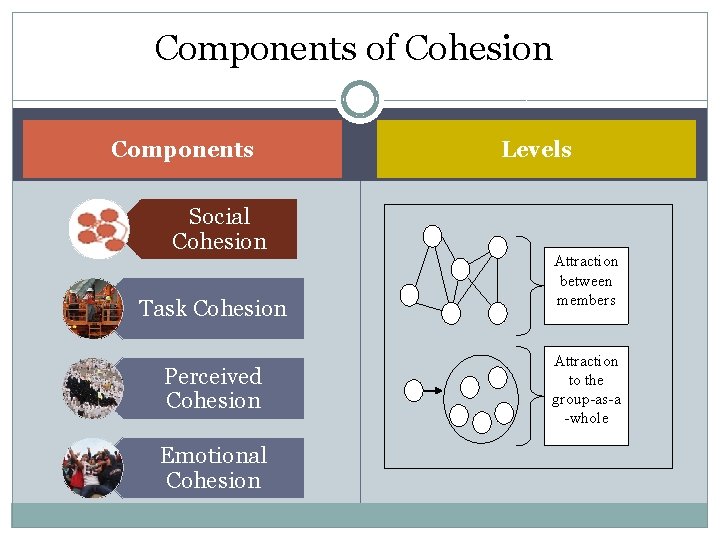 Components of Cohesion Components Social Cohesion Task Cohesion Perceived Cohesion Emotional Cohesion Levels Attraction