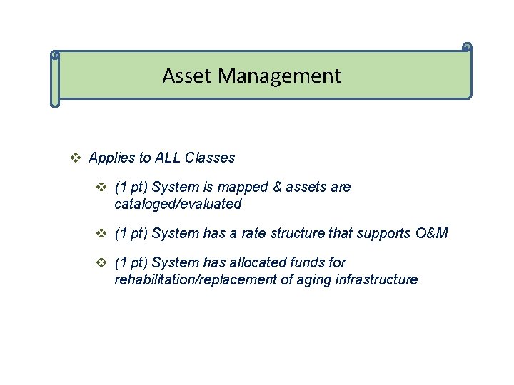 Asset Management v Applies to ALL Classes v (1 pt) System is mapped &