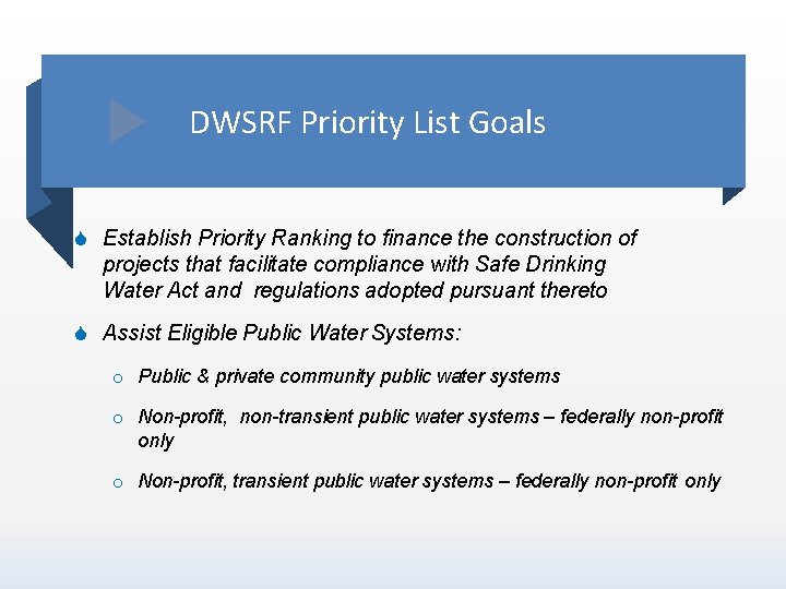 DWSRF Priority List Goals Establish Priority Ranking to finance the construction of projects that
