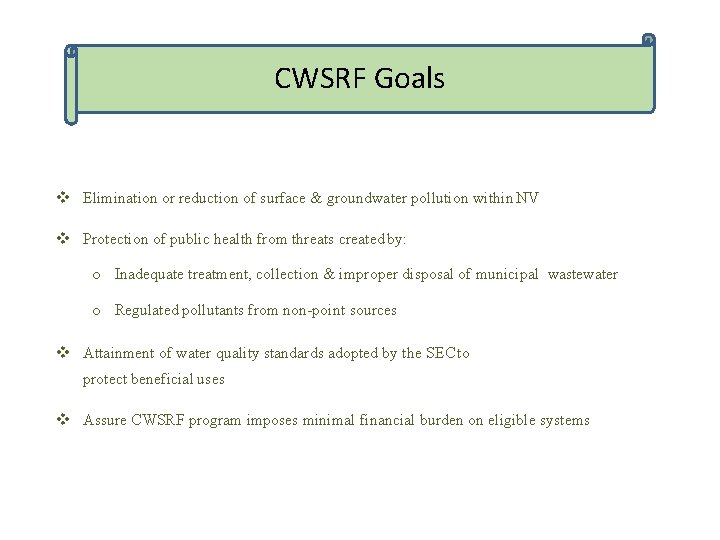 CWSRF Goals v Elimination or reduction of surface & groundwater pollution within NV v