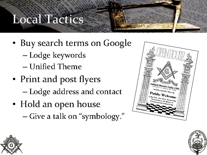 Local Tactics • Buy search terms on Google – Lodge keywords – Unified Theme