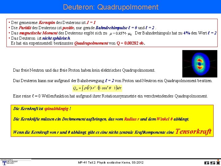 Deuteron: Quadrupolmoment • Der gemessene Kernspin des Deuterons ist J = 1 • Die