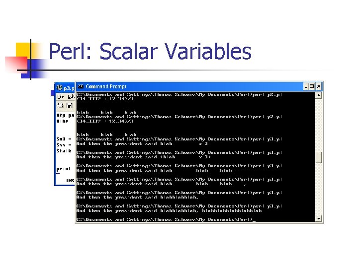 Perl: Scalar Variables n Interpolation n Perl will “interpolate” scalar values in strings. 