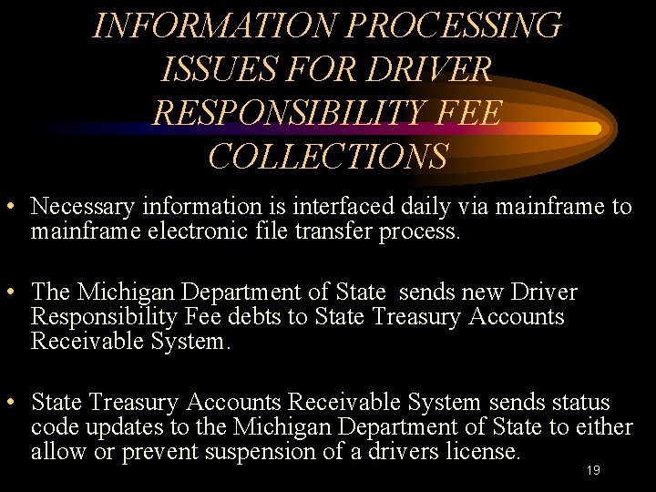 INFORMATION PROCESSING ISSUES FOR DRIVER RESPONSIBILITY FEE COLLECTIONS • Necessary information is interfaced daily