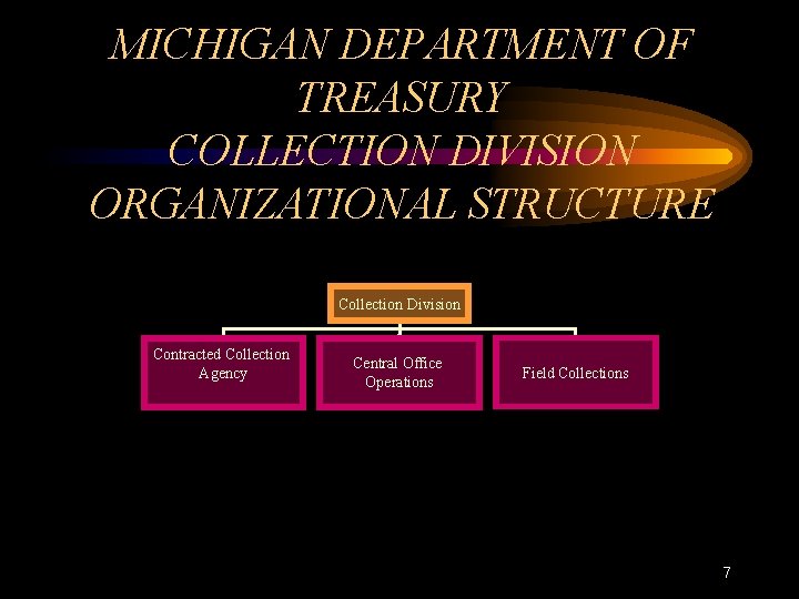 MICHIGAN DEPARTMENT OF TREASURY COLLECTION DIVISION ORGANIZATIONAL STRUCTURE Collection Division Contracted Collection Agency Central