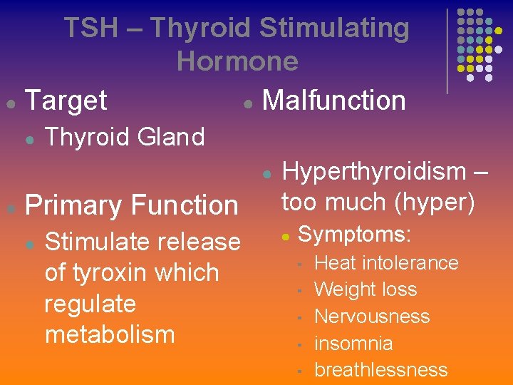 TSH – Thyroid Stimulating Hormone ● Target ● Malfunction ● Thyroid Gland ● ●